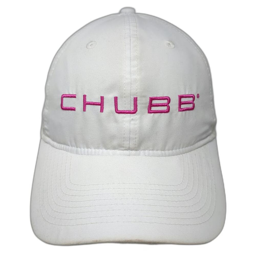 Trimark Chubb Pink Logo White Baseball Cap One Size Slideback Hat Polyester